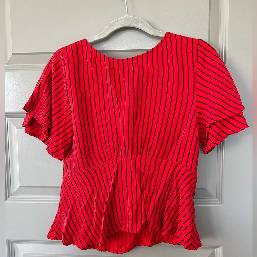 Zara Red and Black Striped Peplum Top with Flutter Sleeves Size Small - Picture 2 of 6